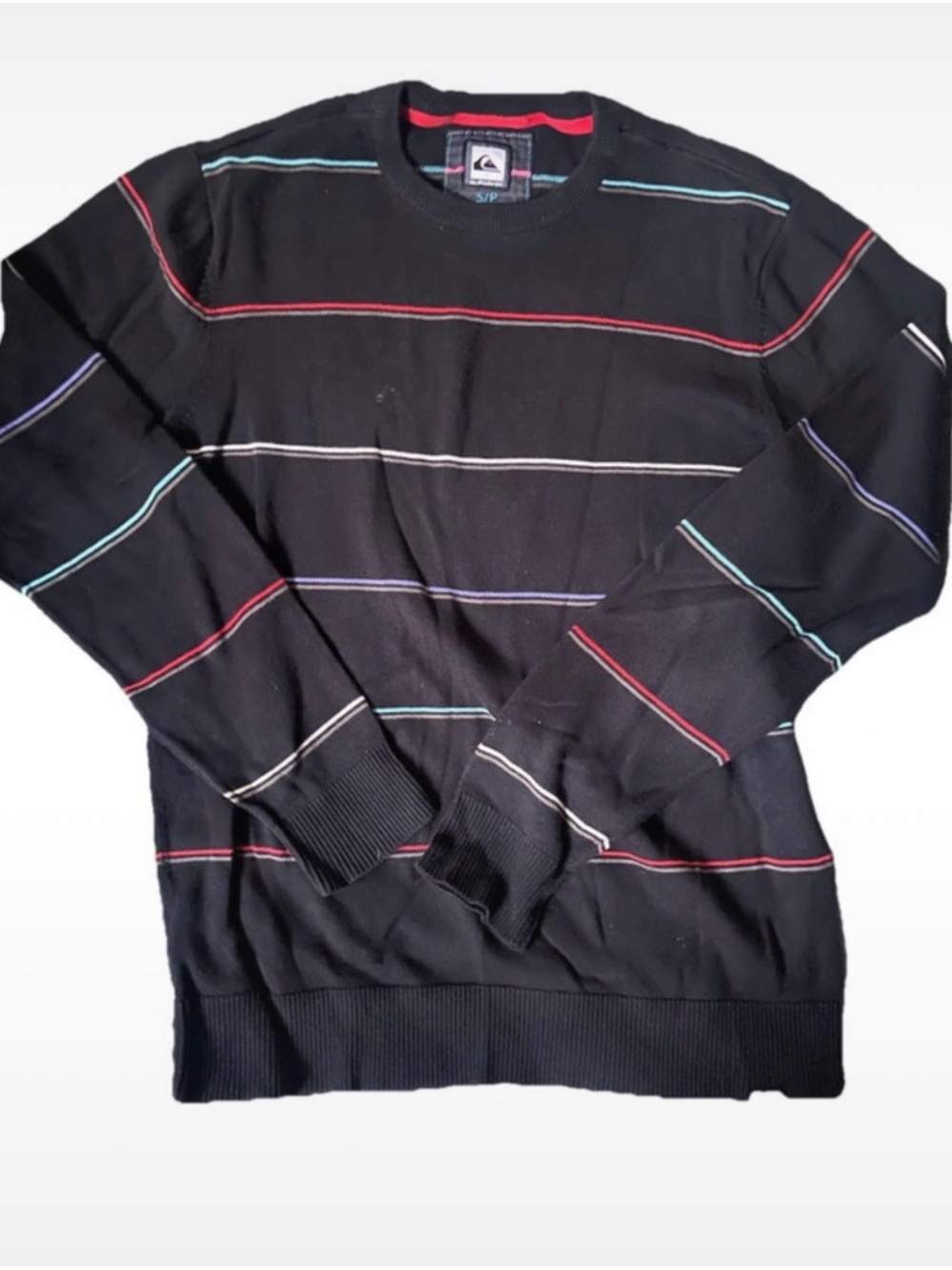 Quiksilver Black Crewneck Sweater with Red, Blue, purple and White Stripes